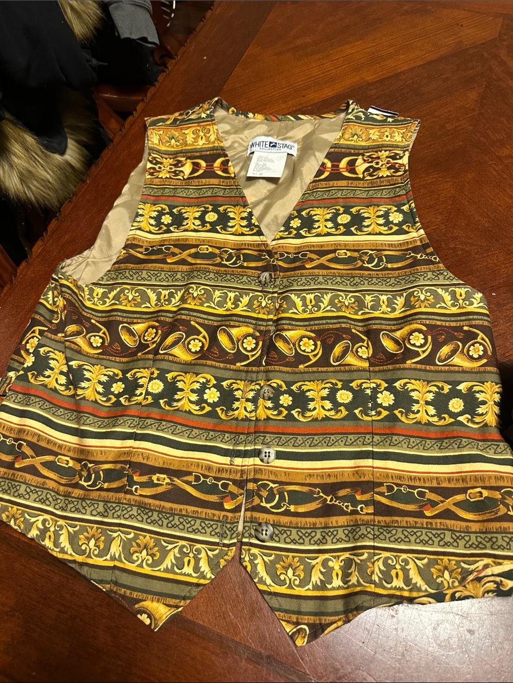 White Stag Gold, Green, Brown Striped Medallion Vest